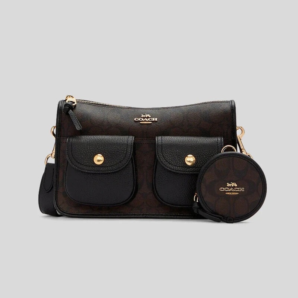 COACH Pennie Signature Canvas Women's Crossbody Bag with Coin Case - Brown/Black